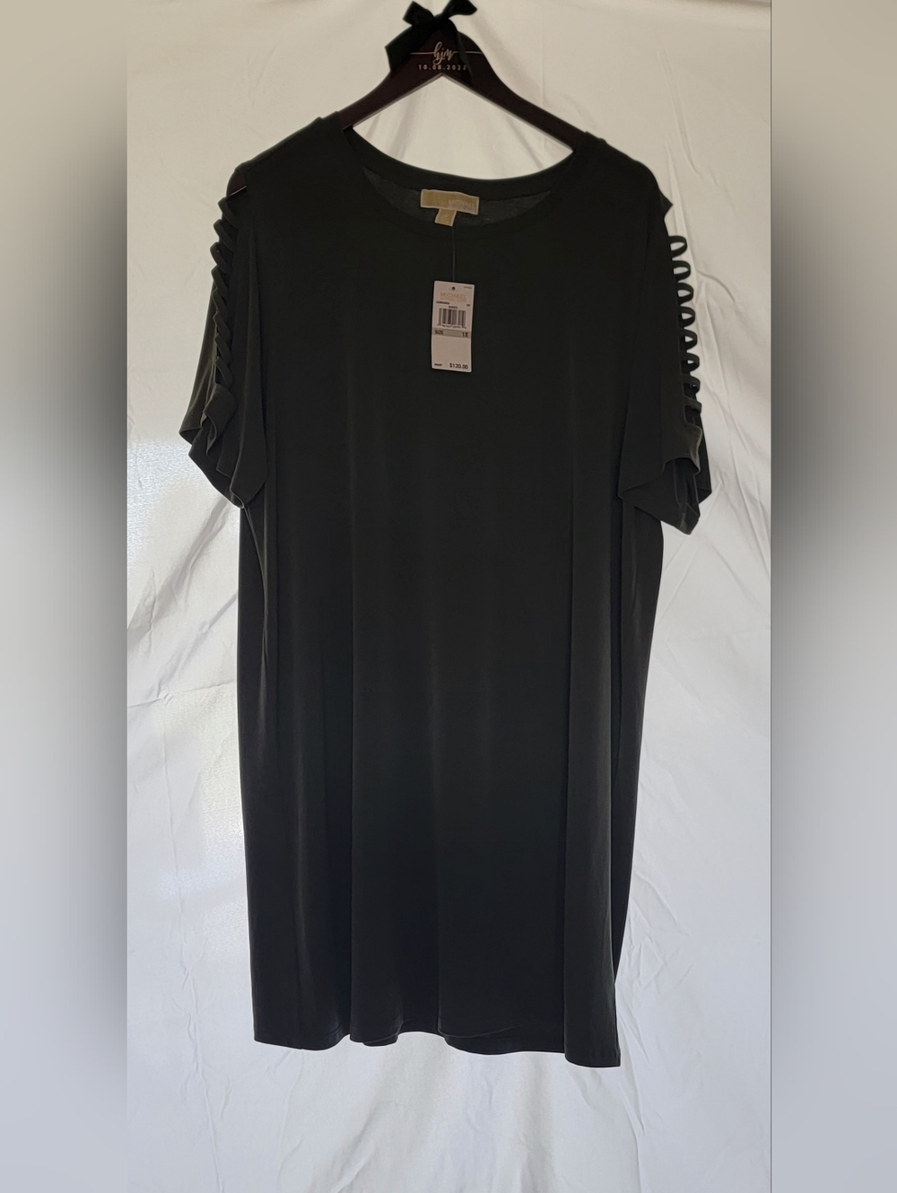 Michael Kors Dark Green Short Sleeve Shift Dress with Ladder-Sleeve Detail NWT